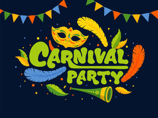 Sticker - Green Carnival Party Font with Mask, Party Horn, Feathers, Confetti and Bunting Flags Decorated on Blue Background.