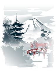 Fototapeta Mountain temple, Pagoda and red bridge under the mountain. Vector drawing in traditional japanese style sumi-e.