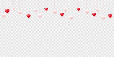 Hanging ping and red hearts on transparent background for Valentine's Day. Vector