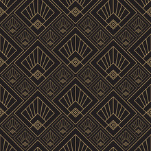Gold Pattern. Linear Geometric Art Deco Bricks. 20s Retro Style. Luxury Seamless Pattern. Packaging Or Menu Design. Vector. Golden Tiles.