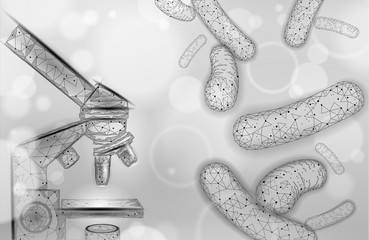 Bacteria microscope 3D low poly render probiotics. Healthy normal digestion flora of human intestine yoghurt production. Modern science medicine allergy immunity thearment vector illustration
