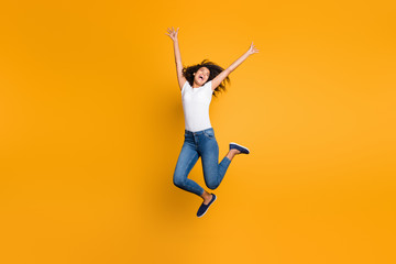 Sticker - Full length body size view of her she nice attractive crazy cheerful wavy-haired girl jumping motivation having fun inspiration isolated over bright vivid shine vibrant yellow color background