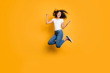 Sticker - Full length body size photo of cheerful screaming shouting rejoicing overjoyed girl having won big prize wearing jeans denim white t-shirt isolated vivid color background