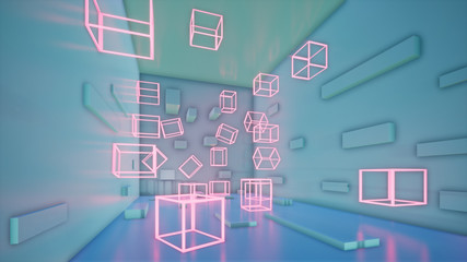 abstract blue geometric background with pink neon cubes, 3d render