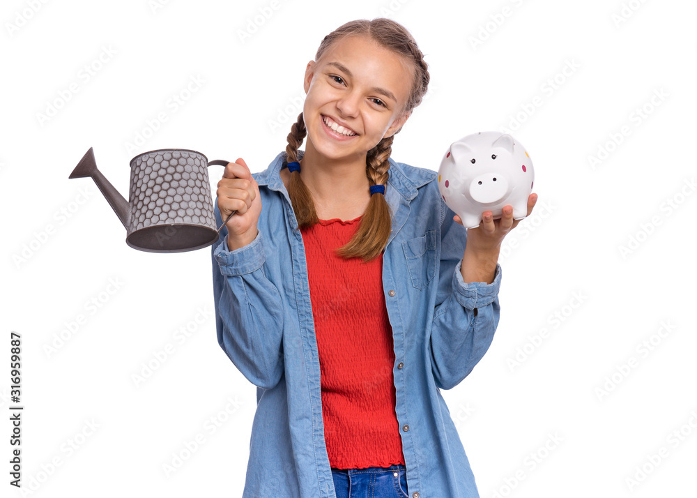 Portrait of teen girl with Piggy Bank and watering can, isolated on ...