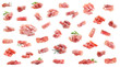 Set of delicious sliced jamon on white background