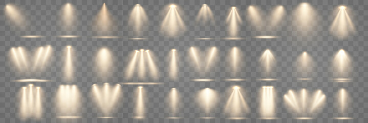 set of golden spotlight isolated on transparent background. glowing light effect with gold rays and 