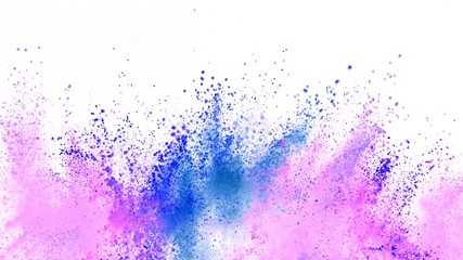 Colorful powder frame exploding on white background in super slow motion, close-up.