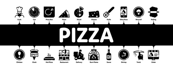 Canvas Print - Pizza Delicious Food Minimal Infographic Web Banner Vector. Pizza With Seafood And Vegetable, With Chicken And Cheese, Cook And Delivery Concept Illustrations