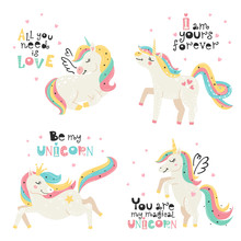 Set Of Cute Posters With Magical Unicorn
