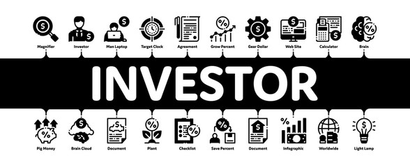 Sticker - Investor Financial Minimal Infographic Web Banner Vector. Investor With Money Dollar And Lightbulb, Brain With Percentage Mark And Document Concept Illustrations