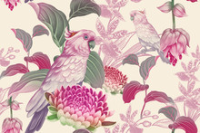 Tropical Seamless Floral Pattern. Exotic Birds Parrots On Branches Of Tree. Nature Illustration Vintage Leaves, Flowers And Pink Cockatoo. Wildlife. For Paper, Hawaiian, Summer Textile, Wallpaper