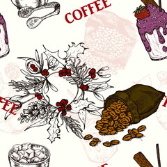 Wall Mural - Hand drawn vector seamless pattern with coffee beans, branch, dessert, flowers