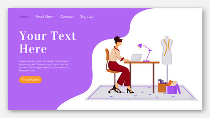 Wall Mural - Fashion designer landing page flat color vector template. Creating clothes on laptop homepage layout. Design outfits one page website interface with cartoon illustration. Atelier banner, webpage