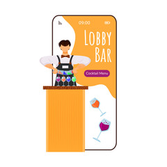 Wall Mural - lobby bar cartoon smartphone vector app screen. mobile phone display with bartender flat character d