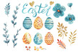 Set of hand drawn watercolor elements for easter design. eggs, branches, flowers, pussy willow. Blue and orange elements. Best for greeting cards, posters, fabric, ceramic, textile, scrapbooking