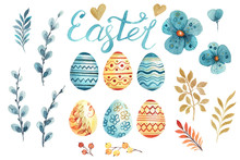 Set Of Hand Drawn Watercolor Elements For Easter Design. Eggs, Branches, Flowers, Pussy Willow. Blue And Orange Elements. Best For Greeting Cards, Posters, Fabric, Ceramic, Textile, Scrapbooking