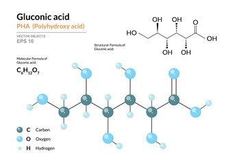 Poster - Gluconic acid. PHA Polyhydroxy acid. Structural chemical formula and molecule 3d model. Atoms with color coding. Vector illustration