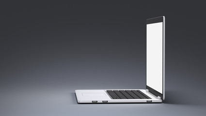 Laptop isolated on gray background with open bright display. 3d render