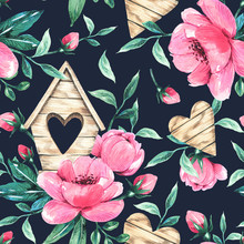 Seamless Pattern With Flowers, Birdhouse. Handmade Watercolor Illustration.