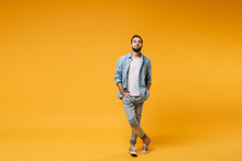 Handsome Young Bearded Man In Casual Blue Shirt Posing Isolated On Yellow Orange Background, Studio Portrait. People Sincere Emotions Lifestyle Concept. Mock Up Copy Space. Holding Hands In Pockets.
