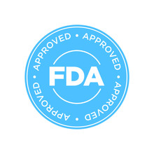 FDA Approved (Food And Drug Administration) Icon, Symbol, Label, Badge, Logo, Seal. Blue And White.