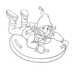 Wall Mural - Cute little girl rides on a snow tube down the mountain. Black and white picture with a pink accent. In cartoon style. Isolated on white background. Vector illustration for coloring.