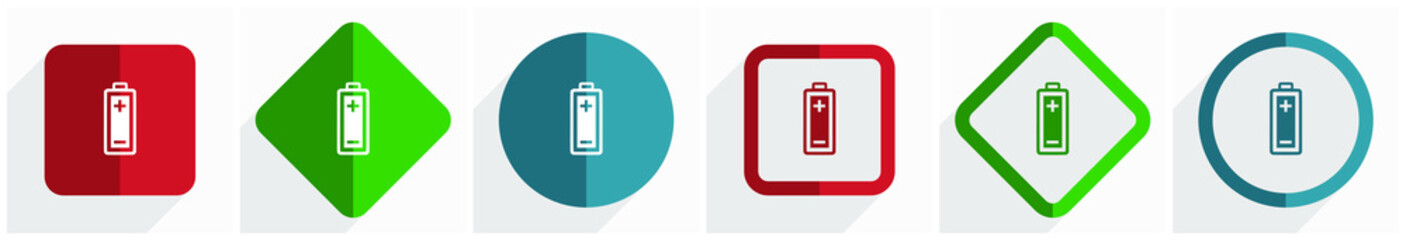 Leinwandbilder - Battery icon set, flat design vector illustration in 6 options for webdesign and mobile applications in eps 10