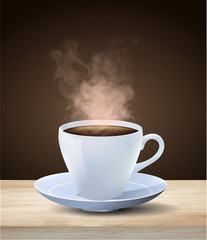 Wall Mural - hot steaming cup of espresso coffee in a generic white cup and saucer on a wooden table over a dark 