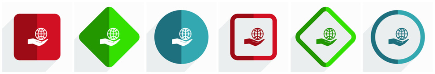 Aufkleber - Hand care planet environment icon set, flat design vector illustration in 6 options for webdesign and mobile applications in eps 10