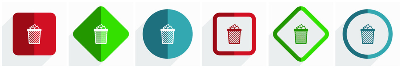 Leinwandbilder - Trash, can icon set, flat design vector illustration in 6 options for webdesign and mobile applications in eps 10