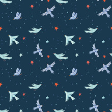 Beautiful Vector Seamless Pattern With Cute Hand Drawn Blue Birds And Red Stars. Baby Stock Illustration.