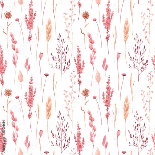 Beautiful vector seamless pattern with watercolor herbarium wild dried grass ...