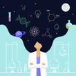 © mnaufal design - Female scientist head with long hair thinking about complex science knowledge vector illustration. International Day of Women and Girls in Science poster background.