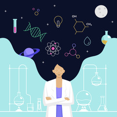 female scientist head with long hair thinking about complex science knowledge vector illustration. i