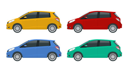 Wall Mural - Subcompact hatchback car. Compact Hybrid Vehicle. Eco-friendly hi-tech auto. Template isolated on white View side.