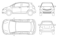 Subcompact Hatchback Car In Outline. Compact Hybrid Vehicle. Eco-friendly Hi-tech Auto. Easy To Change The Thickness Of The Lines. Template Vector Isolated On White View Front, Rear, Side, Top