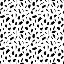 Scattered Abstract Black Ink Spots Vector Seamless Pattern. Small Chaotic Grunge Scribbles Decorative Background.