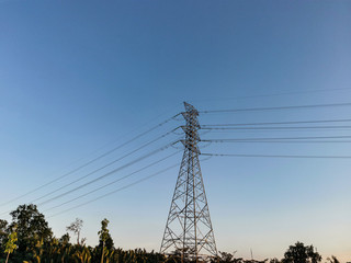 High voltage post or High voltage tower with blue sky background