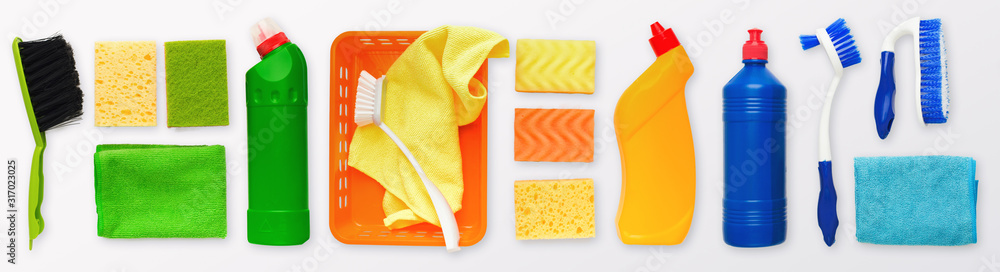 Set Of Colorful Cleaning Tools On White Background, Flat Lay - obrazy, fototapety, plakaty 