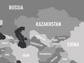 Wall Mural - Central Asia map - grey colored on dark background. High detailed political map of central asian region with country, capital, ocean and sea names labeling