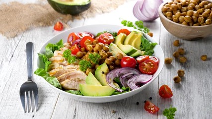 Wall Mural - mixed vegetable salad with grilled chicken- buddha bowl