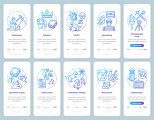 Archeology onboarding mobile app page screen vector template set. Search and protection fossil artifacts. Walkthrough website steps with linear illustrations. UX, UI, GUI smartphone interface concept