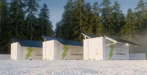 Wall Mural - Concept of solar container units situated in forest environment .3d illustration.