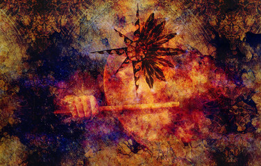 Fototapete - shamanic girl with frame drum on abstract structured space background.