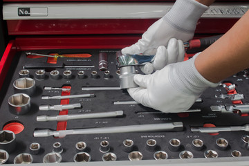 The set of hand tools for to repair. Many wrench and tools close-up in box for to repair the car or replace automotive spare parts, auto parts