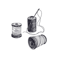 Thread Spools With Needles Hand Drawn Vector Illustration
