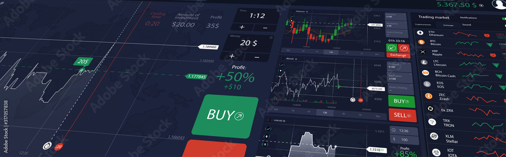 Illustration stock market or forex trading platform with dashboard interface. Perspective view, website header banner. Economic trends and stock exchange. Binary option. Vector illustration - obrazy, fototapety, plakaty 