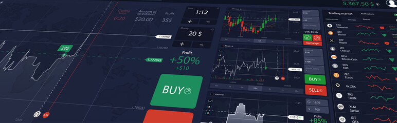 Wall Mural - Illustration stock market or forex trading platform with dashboard interface. Perspective view, website header banner. Economic trends and stock exchange. Binary option. Vector illustration