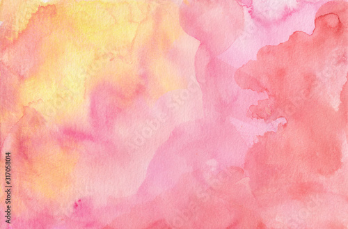 Fotomural Pink purple red and yellow watercolor paint splash or blotch background with fri
